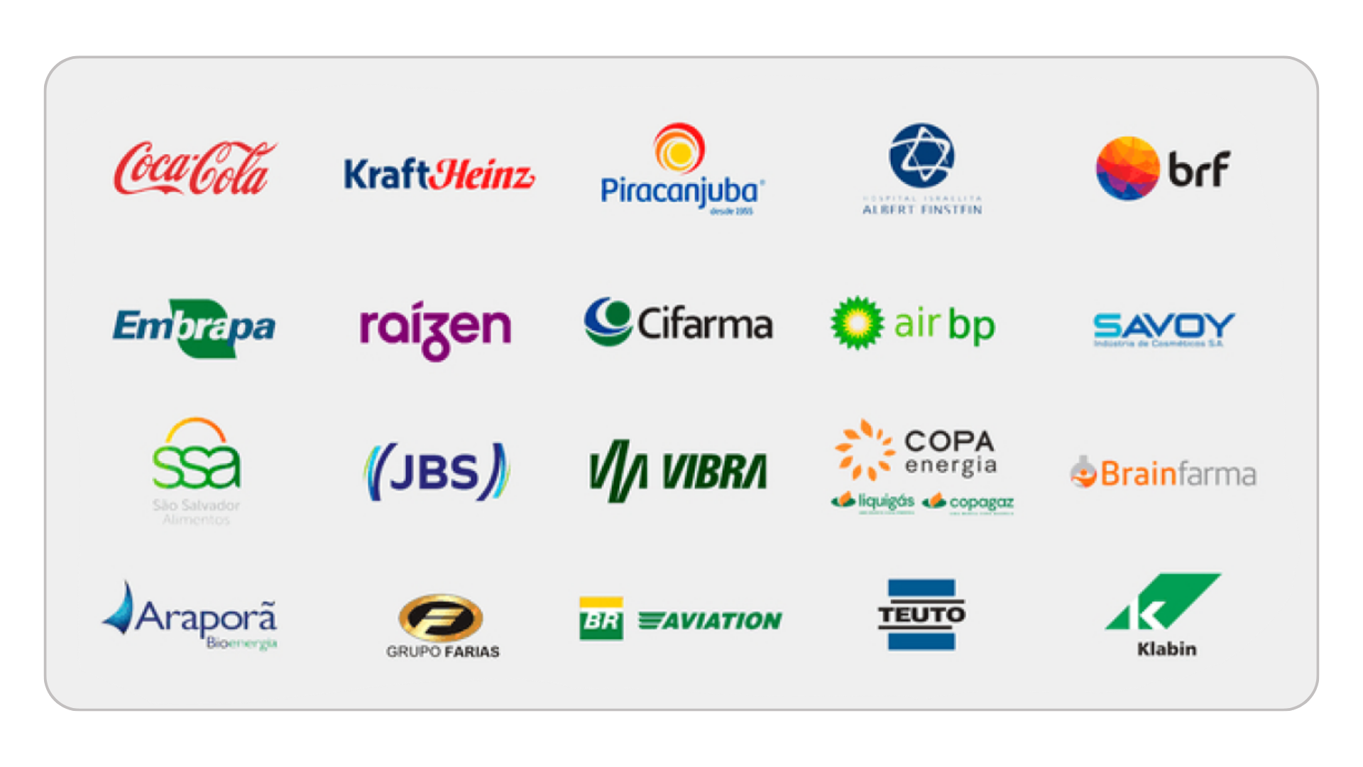 Logos das empresas atendidas pela Artemec: Coca-Cola, Kraft Heinz, Piracanjuba, Hospital Albert Einstein, BRF, Embrapa, Raízen, Cifarma, Air BP, Savoy, SSA, JBS, Vibra, Copa Energia, Brainfarma, Araporã, Grupo Farias, BR Aviation, Teuto e Klabin